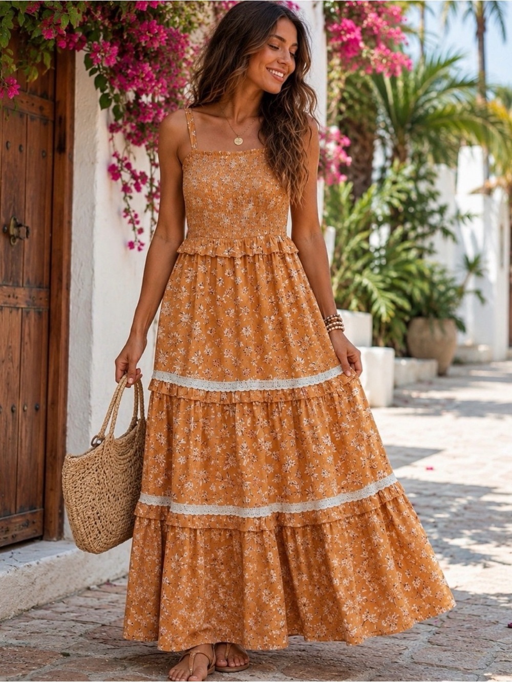 Universal Thread Mustard Floral Tiered Maxi Dress